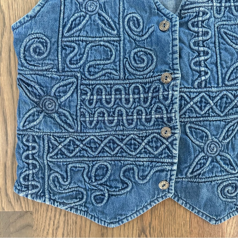 Anthropologie Vintage Embroidered Geometric Denim Western Sleeveless Vest Blue L - Picture 7 of 8